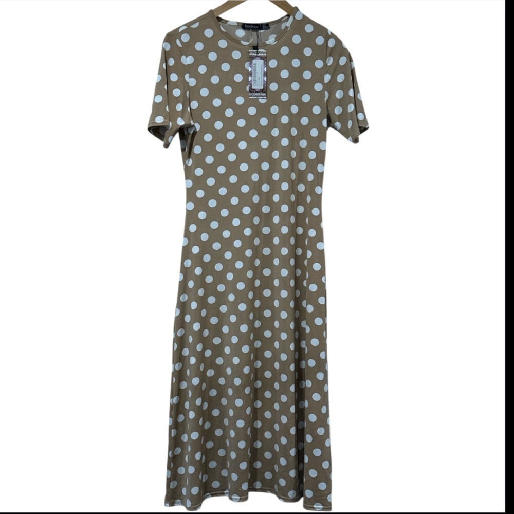 🔵Boohoo Polka Dot Tan Mocha Dress New w/ Tag Size 8
